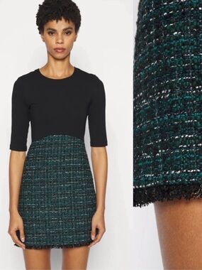 NWT Maje Riselda Tweed Cotton Mini Dress Black Green Size 34 XS Preppy Chic
